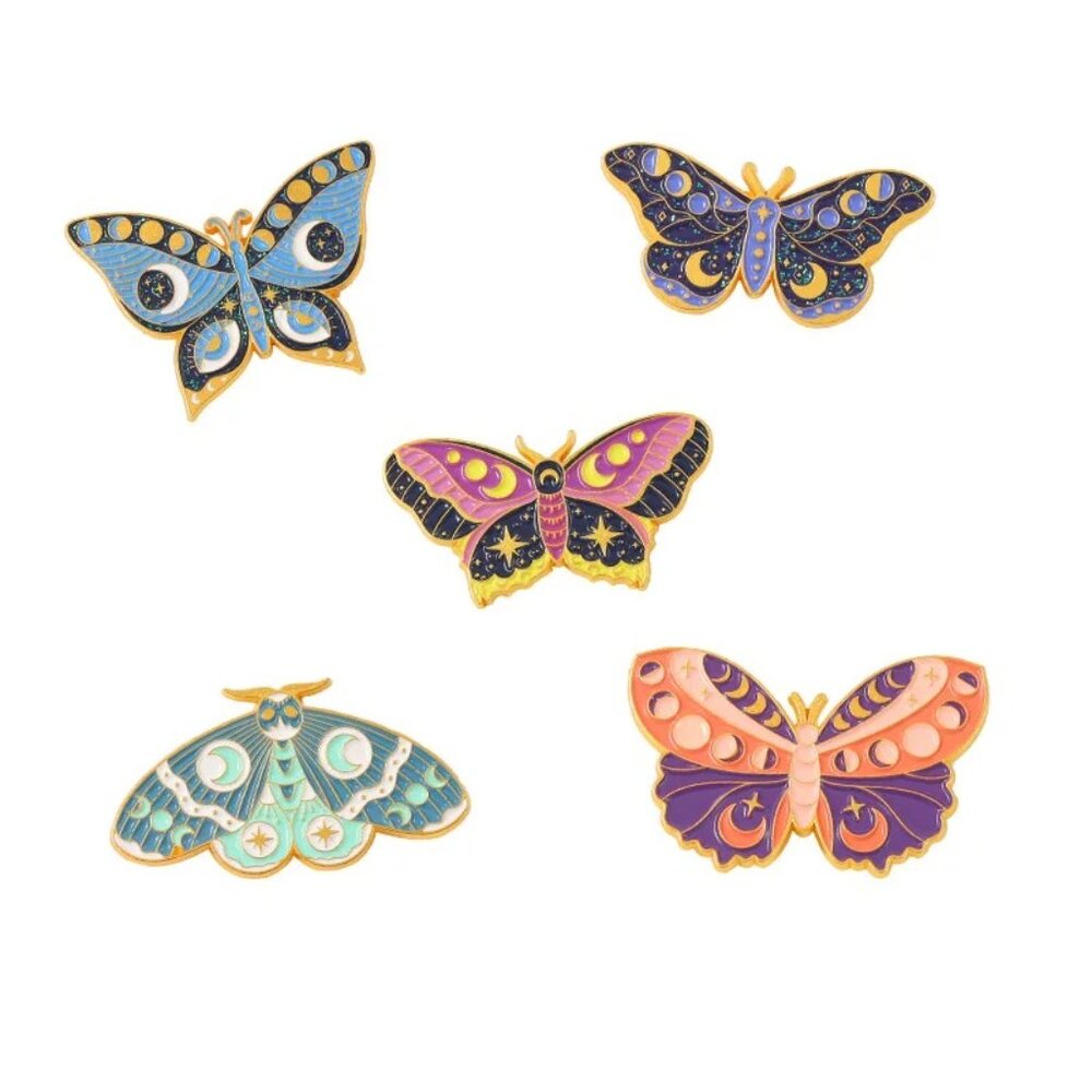 Colorful Mystic Butterfly & Moth 5-Piece Enamel Pin Set - Brand-New in Gift Box! - Picture 2 of 14